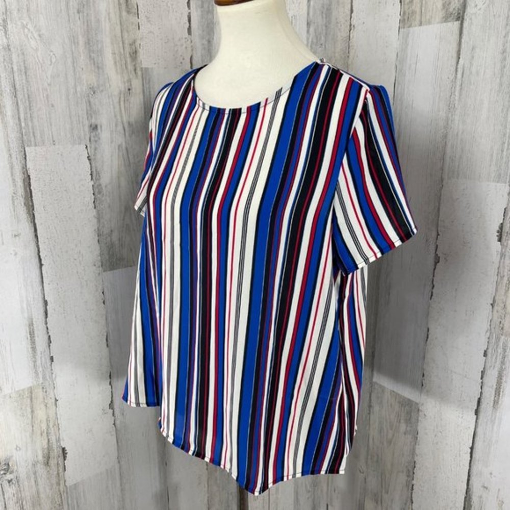 W5 Women's Blue Stripe Short Sleeve Semi Sheer Keyhole Back Shirt Top Blouse M